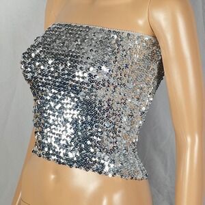 Silver Sequin‎ Tube Top Strapless Cropped Bandeau Party Clubwear Y2K 11 x11